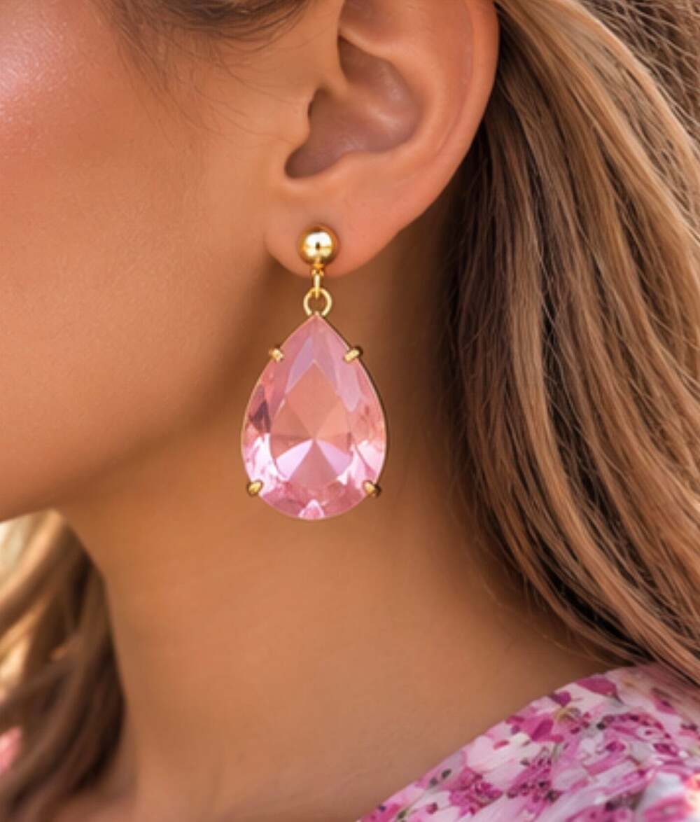 Pink Faceted Teardrop Rhinestone Dangle Earrings Gold Tone Romantic Coquette